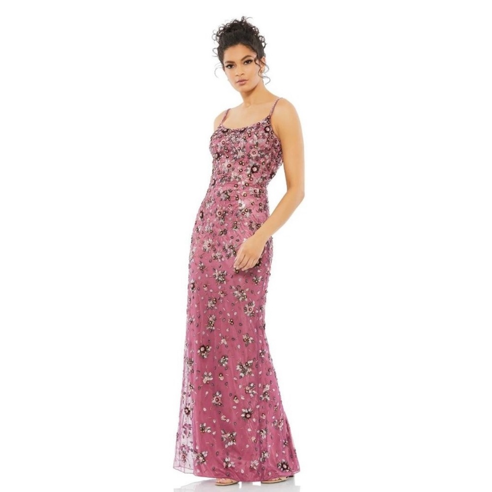 MAC DUGGAL Floral Beaded Column Gown in Raspberry Size US 4